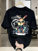 Baskılı Oversize Bisiklet Yaka T-shirt - Siyah - 1