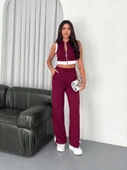 Osy Modal Yumuşak Dokulu Kumaş Tam Fermuarlı Crop Pantalon İkili Takım - Bordo thumbnail 1