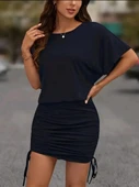 Kadın Kısa Kollu Bisiklet Yaka Yanlardan Büzgülü Kısa Viskon Elbise thumbnail 4