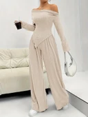 Kadın Uzun Kollu Omuzlardan Açık Asimetrik Kesim Kaşkorse Bluz Ve Pantolon Ikili Pantolon thumbnail 3