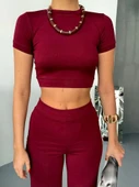 Osy Modal Yumuşak Dokulu Kumaş Kısa Kollu Crop Alt Ispanyol Paça Pantalon Ikili Takım - Bordo thumbnail 3