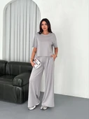 Osy Modal Yumuşak Dokulu Kumaş Bisiklet Yaka T-shirt  Bol Paça Pantalon Ikili Takım - Boyalı Gri - 4