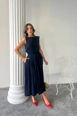 KETEN KOLSUZ BLUZ - MAXİ ETEK TAKIM - Lacivert thumbnail 1
