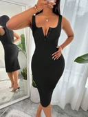 Kadın Askılı önü Düğmeli Midi Kaşkorse Elbise thumbnail 1