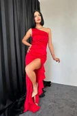 Kırmızı Volanlı Saten Abiye - 2