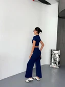 Osy Modal Yumuşak Dokulu Kumaş Kısa Kollu Crop Alt Ispanyol Paça Pantalon Ikili Takım - Lacivert thumbnail 2