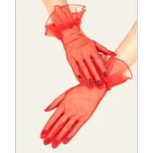 Kısa Boy Likralı Güpürlü Yetişkin Tül Eldiven Kırmızı Renk thumbnail 3