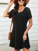 Kadın Kısa Kollu Yuvarlak Yaka şerit Kol Detaylı Viskon Elbise thumbnail 6