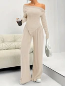 Kadın Uzun Kollu Omuzlardan Açık Asimetrik Kesim Kaşkorse Bluz Ve Pantolon Ikili Pantolon thumbnail 5