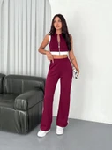 Osy Modal Yumuşak Dokulu Kumaş Tam Fermuarlı Crop Pantalon İkili Takım - Bordo thumbnail 3