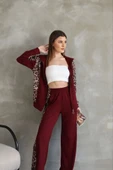 Osy Modal Yumuşak Dokulu Kumaş Kapüşonlu Leopar Desenli Fermuarlı Takım - Bordo thumbnail 1