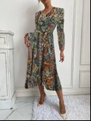 Kadın Uzun Kollu Kruvaze Yakalı Belden Kuşaklı Leopar thumbnail 2