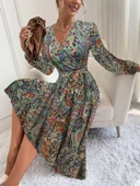 Kadın Uzun Kollu Kruvaze Yakalı Belden Kuşaklı Leopar thumbnail 3