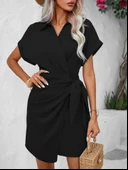 Kadın Kısa Kollu Yakalı Yandan Bağlamalı Dokuma Elbise thumbnail 4