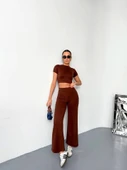 Osy Modal Yumuşak Dokulu Kumaş Kısa Kollu Crop Alt Ispanyol Paça Pantalon Ikili Takım - Kahverengi - 1