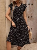 Kadın Kısa Kollu V Yakalı Beli Lastikli çiçek Desenli Süprem Elbise thumbnail 3