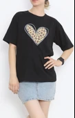Sevgililer Günü İçin Özel Tasarım Leopar Kalp Baskılı T-shirt - Siyah - 3