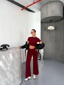 Osy Modal Yumuşak Dokulu Kumaş Kısa Kollu Crop Alt Ispanyol Paça Pantalon Ikili Takım - Bordo thumbnail 2