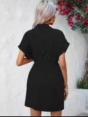 Kadın Kısa Kollu Yakalı Yandan Bağlamalı Dokuma Elbise thumbnail 5