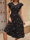 Kadın Kısa Kollu V Yakalı Beli Lastikli çiçek Desenli Süprem Elbise thumbnail 6