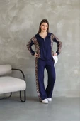 Osy Modal Yumuşak Dokulu Kumaş Kapüşonlu Leopar Desenli Fermuarlı Takım - Lacivert thumbnail 3