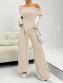Kadın Uzun Kollu Omuzlardan Açık Asimetrik Kesim Kaşkorse Bluz Ve Pantolon Ikili Pantolon thumbnail 6