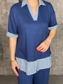 Kadın Modal Kumaş çizgili Gömlek Yaka Ikili Takım thumbnail 4