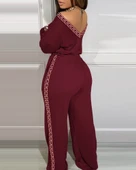 Kadın Uzun Kollu Omuzlardan Açık Beli Lastikli Cepli şerit Desenli Viskon Iki Iplik Tulum thumbnail 3