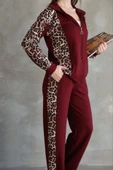 Osy Modal Yumuşak Dokulu Kumaş Kapüşonlu Leopar Desenli Fermuarlı Takım - Bordo thumbnail 3
