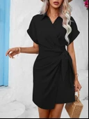 Kadın Kısa Kollu Yakalı Yandan Bağlamalı Dokuma Elbise thumbnail 3