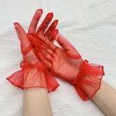 Kısa Boy Likralı Güpürlü Yetişkin Tül Eldiven Kırmızı Renk thumbnail 5