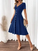 Kadın Kısa Kollu V Yakalı önden Düğmeli A Kesim Dokuma Elbise thumbnail 5