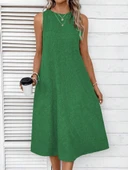 Kadın Kolsuz Bisiklet Yaka Cepli Midi Keten Elbise thumbnail 5