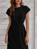 Kadın Kısa Kollu Bisiklet Yaka Belden Lastikli Midi Viskon Elbise thumbnail 4