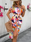 Kadın Kısa Kollu Yakalı önü Düğmeli önden Drapeli Desenli Süprem Elbise thumbnail 5