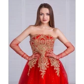 Uzun Boy Kırmızı Puantiyeli Kırmızı Renk Yetişkin Tül Eldiven thumbnail 2