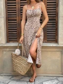 Kadın Ip Askılı Desenli Yırtmaçlı Süprem Midi Elbise thumbnail 1