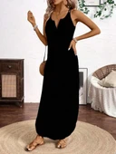 Kadın Askılı Yuvarlak Yaka Asimetrik Detaylı Viskon Elbise thumbnail 3