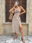 Kadın Ip Askılı Desenli Yırtmaçlı Süprem Midi Elbise thumbnail 2