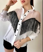 Kadın Püskül Detay Poplin Gömlek Bluz Fırsat Ürün thumbnail 3