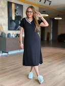 Kadın Kısa Kollu V Ribana Yakalı Yırtmaçlı Midi Viskon Iki Iplik Elbise thumbnail 2