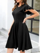 Kadın Kelebek Kollu Bisiklet Yakalı Pileli Ithal Krep Elbise thumbnail 3