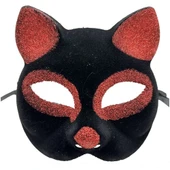 Siyah Kırmızı Simli Süet Kedi Maskesi - 1
