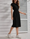 Kadın Kısa Kollu Bisiklet Yaka Belden Lastikli Midi Viskon Elbise thumbnail 2