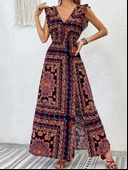 Kadın Kısa Kollu V Yakalı Deseni Yırtmaçlı Süprem Elbise thumbnail 4