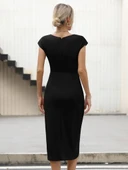 Kadın Yarım Ay Kollu Bisiklet Yaka Yandan Drapeli Ithal Krep Elbise thumbnail 3