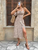 Kadın Ip Askılı Desenli Yırtmaçlı Süprem Midi Elbise thumbnail 5