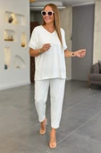 Kadın Kısa Kollu V Yakalı Pul Payetli Viskon Iki Iplik Bluz Ve Pantolon Ikili Takım thumbnail 3