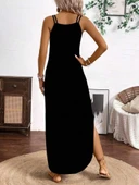 Kadın Askılı Yuvarlak Yaka Asimetrik Detaylı Viskon Elbise thumbnail 1