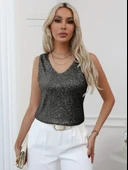 Pul Payetli Sıfır Kol Bluz -Siyah thumbnail 5